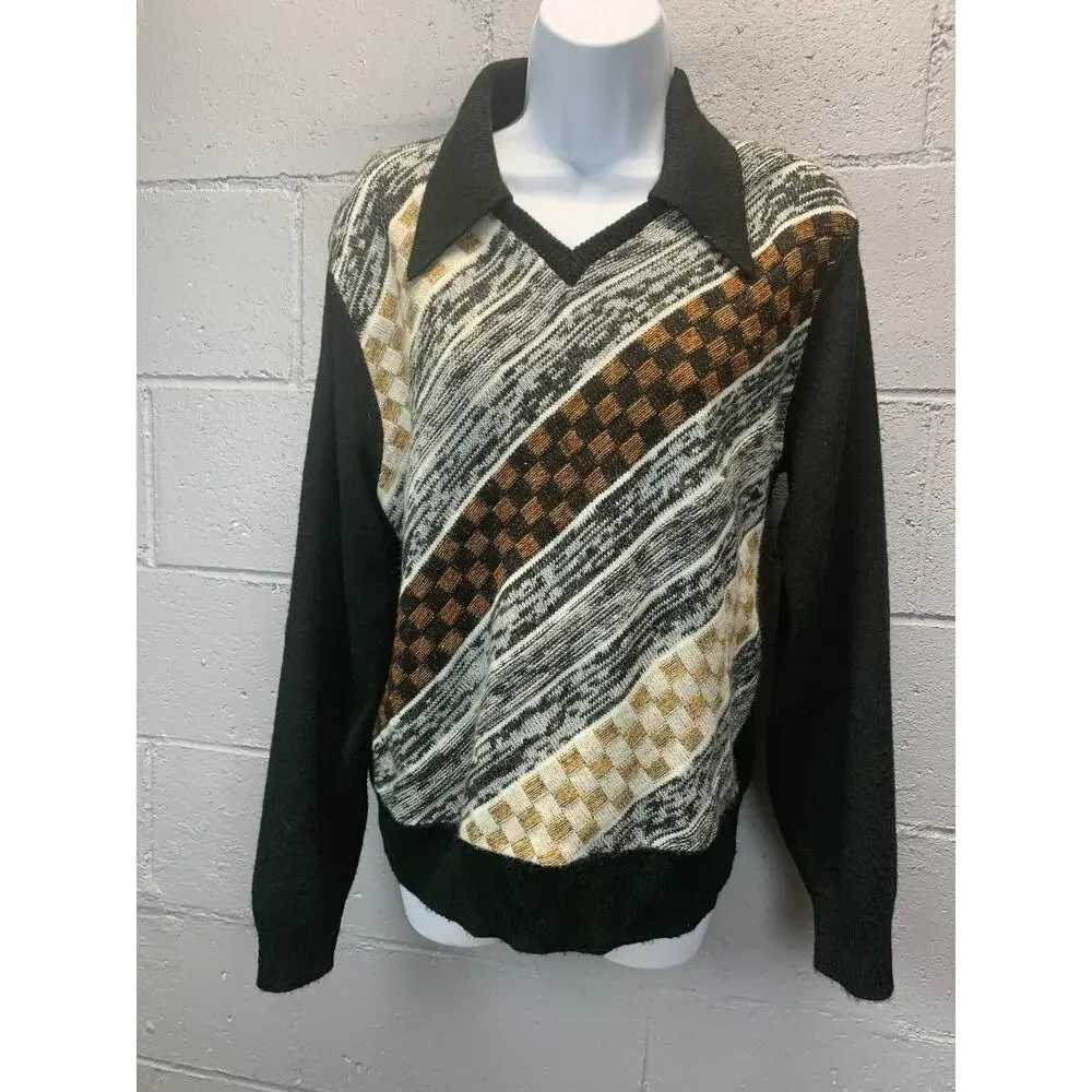 Vintage 1970s Collared Color Block Checkered Sweater V Neck Dagger Collar Unisex